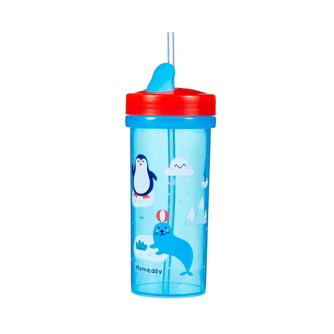 Vaso pitillo de plástico antiderrame, con tapa de seguridad, libre de BPA - Momeasy Celeste