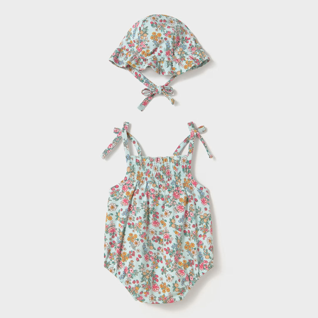 Conjunto vestido y gorro estampado de flores a juego, hecho en material suave y transpirable, ajustable en los hombros y el gorro - Mayoral