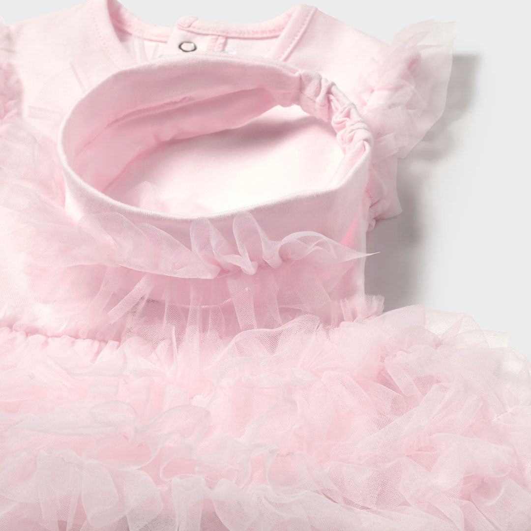 Vestido rosa con falta estilo tutu para recién nacido, pequeña abertura en la espalda con cierre de botón para facilitar la puesta de la prenda, cierre con botones en la entrepierna - Mayoral