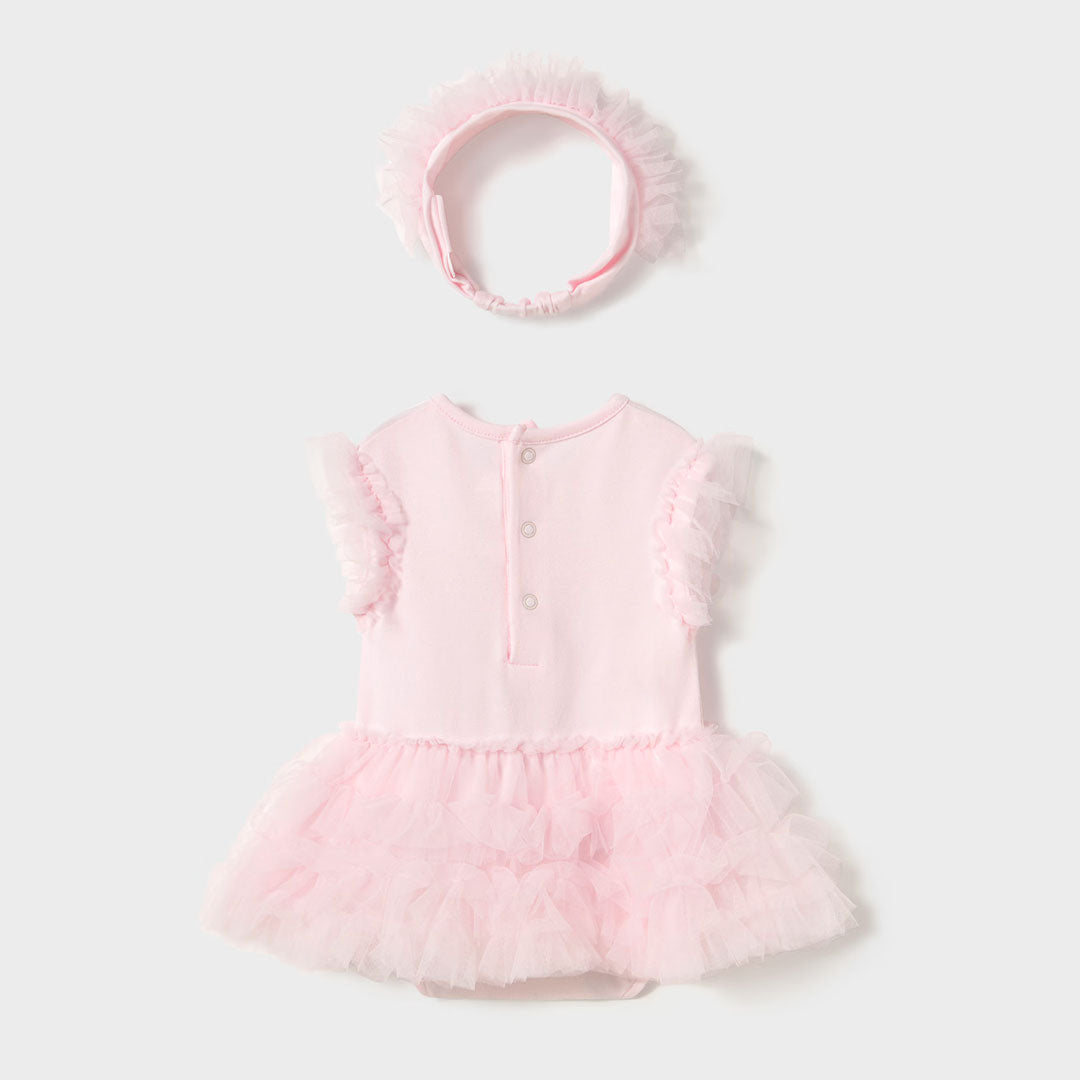 Vestido rosa con falta estilo tutu para recién nacido, pequeña abertura en la espalda con cierre de botón para facilitar la puesta de la prenda, cierre con botones en la entrepierna - Mayoral