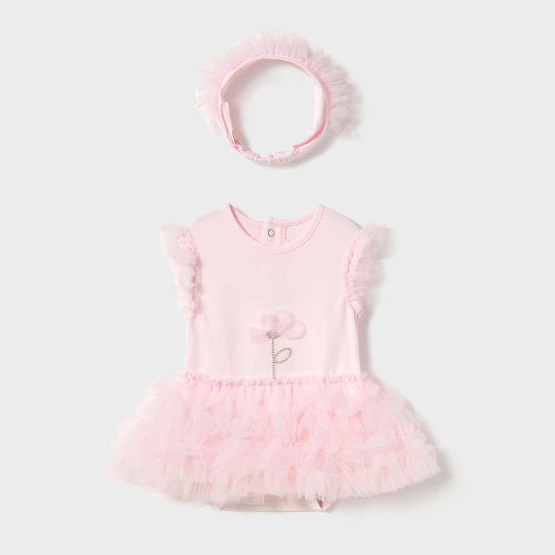 Vestido rosa con falta estilo tutu para recién nacido, pequeña abertura en la espalda con cierre de botón para facilitar la puesta de la prenda, cierre con botones en la entrepierna - Mayoral