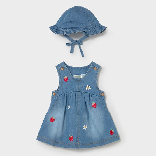 Vestido en tela denim con bordados de fresitas - Mayoral