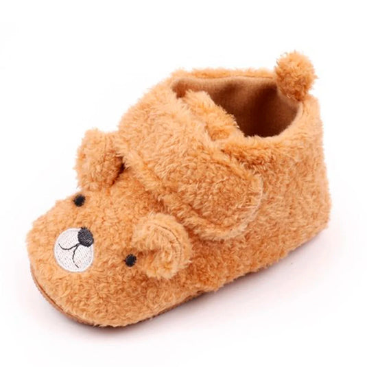 Zapatos cálidos ovejeros con diseño de osito para bebé, con suela antideslizante, hechos en material resistente e hipoalergénico, cómodo cierre ajustable en velcro
