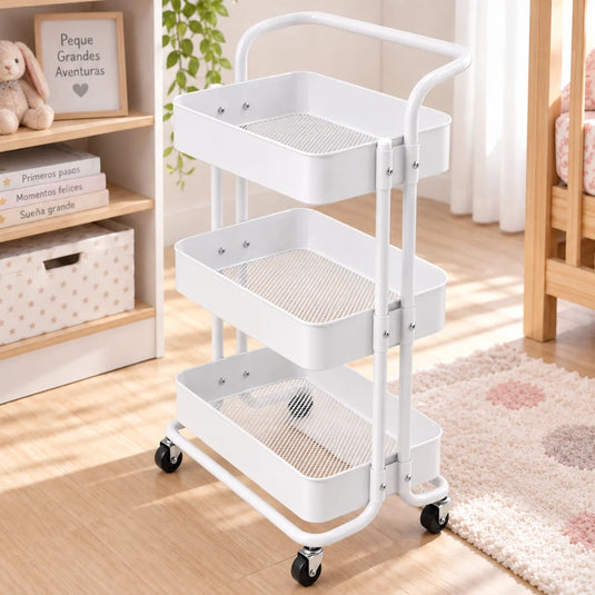Carrito organizador metálico de 3 niveles con ruedas