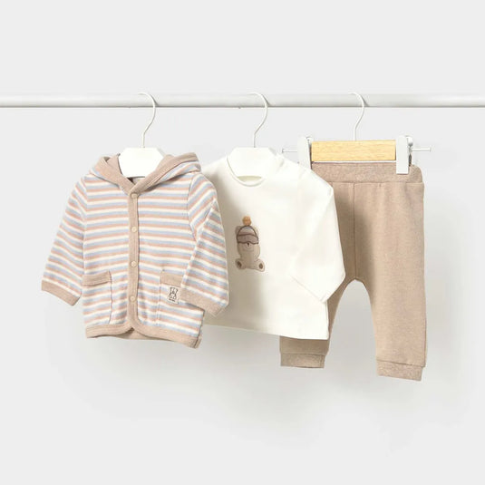 Conjunto 3pz chaqueta con capucha a rayas, camiseta bordada y pantalón Moca Vigoré - Mayoral
