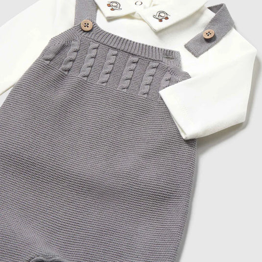 Conjunto 3pz cárdigan a rayas, camisa y overall tejido Ceniza - Mayoral