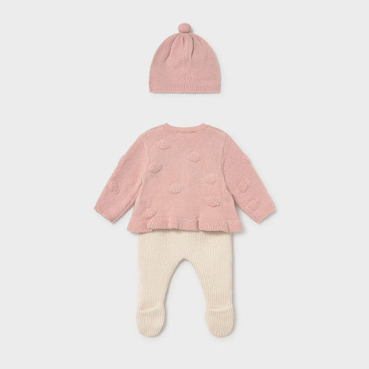 Conjunto 3pz rebeca tejida con textura de nudos, gorro a juego y pantalón con pie bicolor, color Nude vigoré - Mayoral