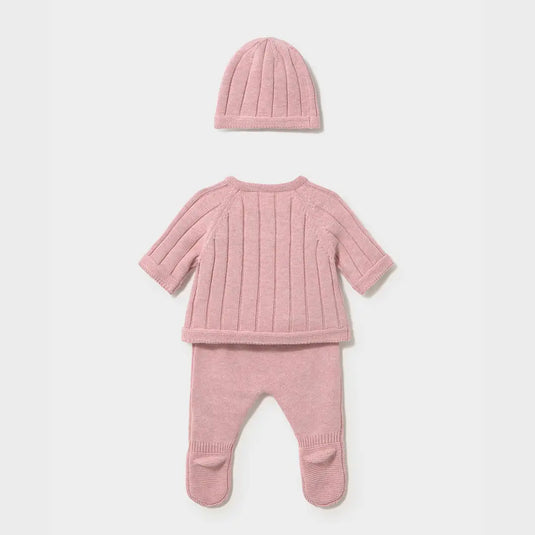 Conjunto tejido 3 piezas buzo, pantalón con pie y gorro rosa baby vigoré para recién nacida - Mayoral