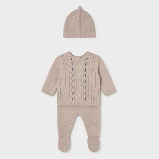 Conjunto 3pz buzo tejido trenzado, pantalón con pie y gorro Moca Vigoré - Mayoral
