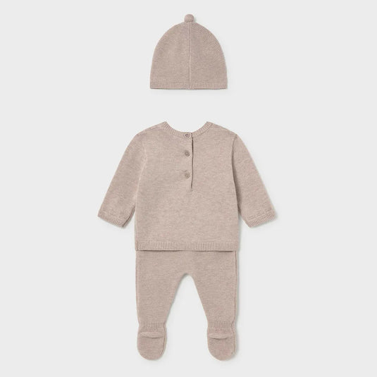 Conjunto 3pz buzo tejido trenzado, pantalón con pie y gorro Moca Vigoré - Mayoral