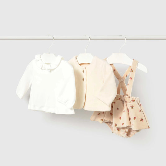 Conjunto 3pz chaqueta, blusa y falda con tirantes para recién nacida, color Cream - Mayoral
