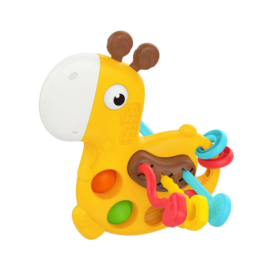 Juguete sensorial jirafa Montessori con mordedor, anillos y texturas para bebé