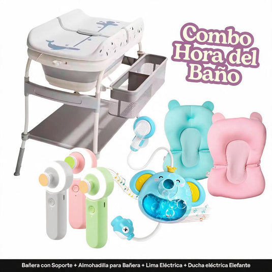 Combo Hora del Baño para bebé con bañera plegable con cambiador, almohadilla, lima eléctrica y ducha de koala - Cocco & Lolo