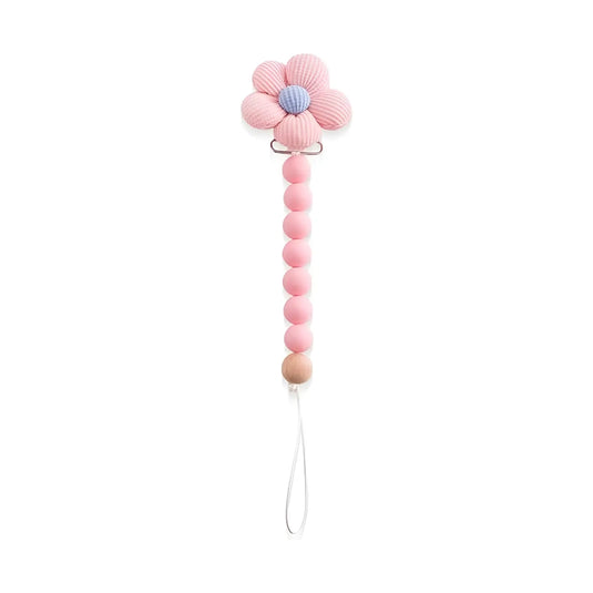 Sujetador de chupete en silicona con diseño de flor y clip de seguridad para bebé