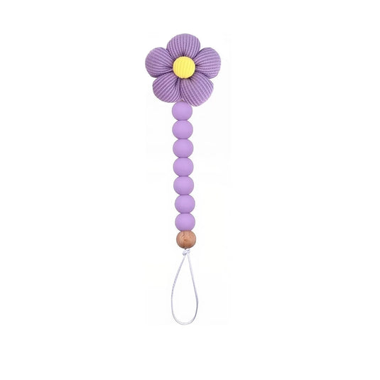 Sujetador de chupete en silicona con diseño de flor y clip de seguridad para bebé