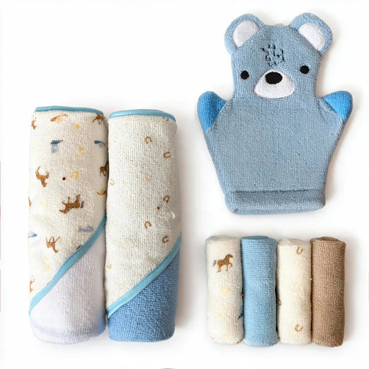 Set de baño para bebé con 2 toallas con capucha, manopla y 4 toallitas, suaves y absorbentes