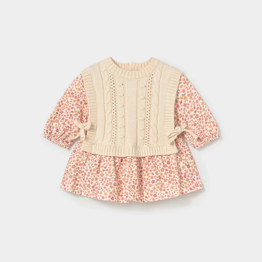 Vestido estampado con chaleco tejido para recién nacida, color Cream - Mayoral