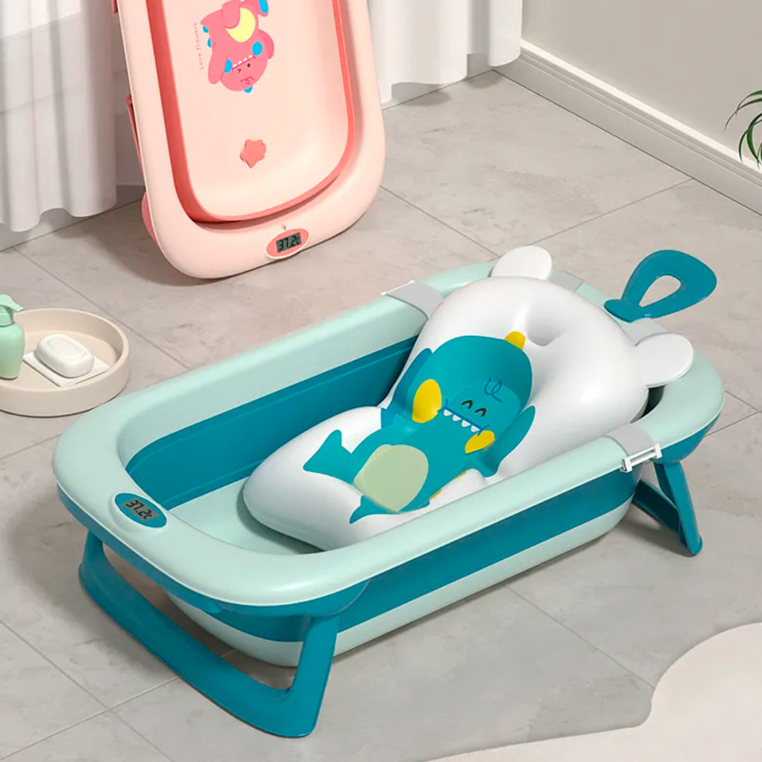 Bañera para bebé plegable con termómetro y soporte para pared con dibujo de dinosaurio