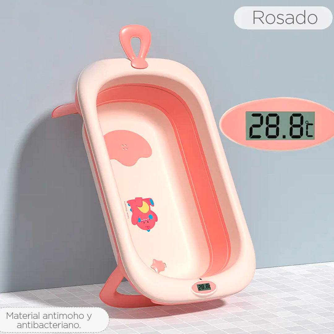 Bañera para bebé plegable con termómetro y soporte para pared con dibujo de dinosaurio Rosa