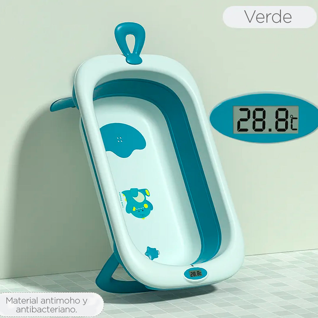 Bañera para bebé plegable con termómetro y soporte para pared con dibujo de dinosaurio Verde