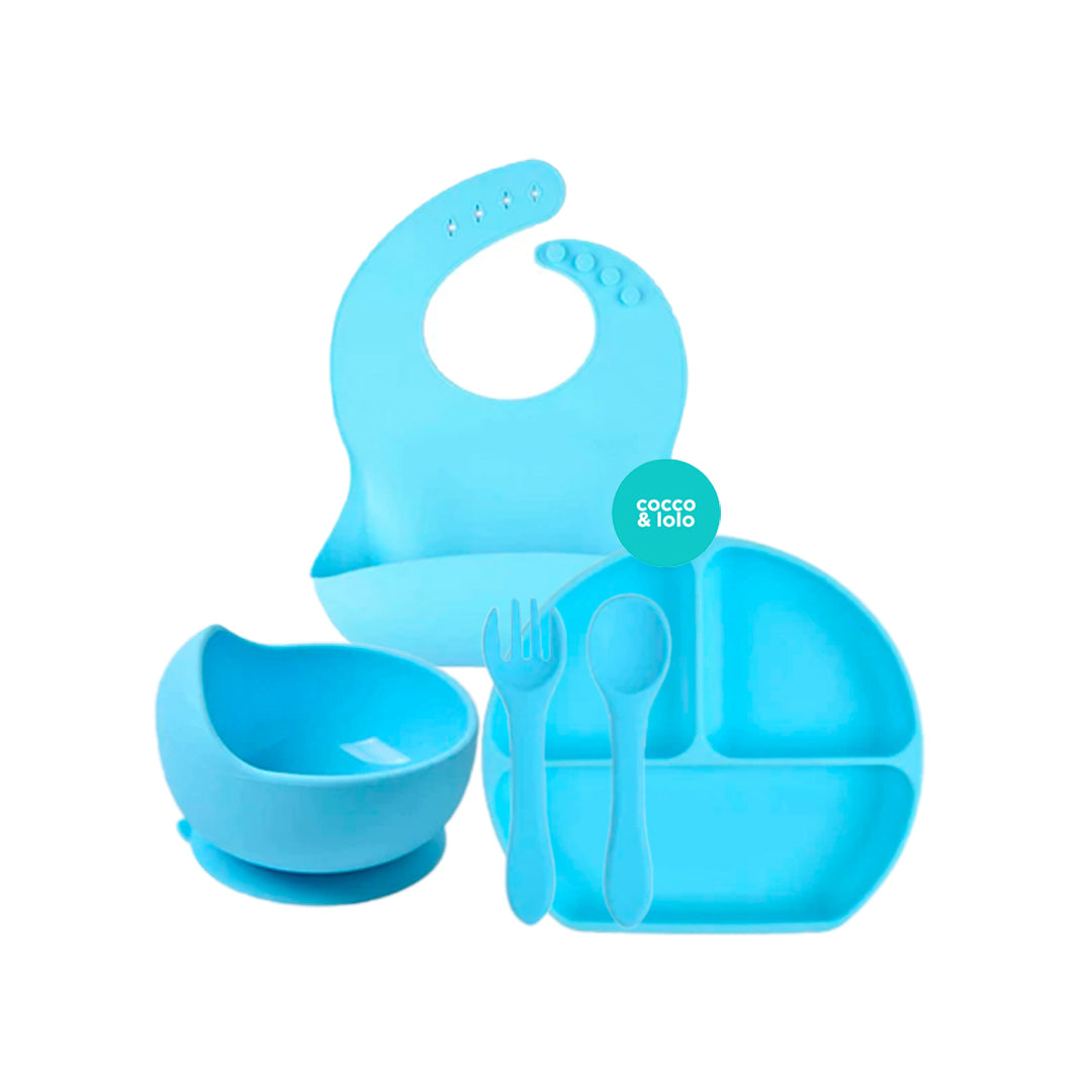 Kit de vajilla en silicona libre de PVC, BPA y látex, antideslizante con babero ajustable Azul