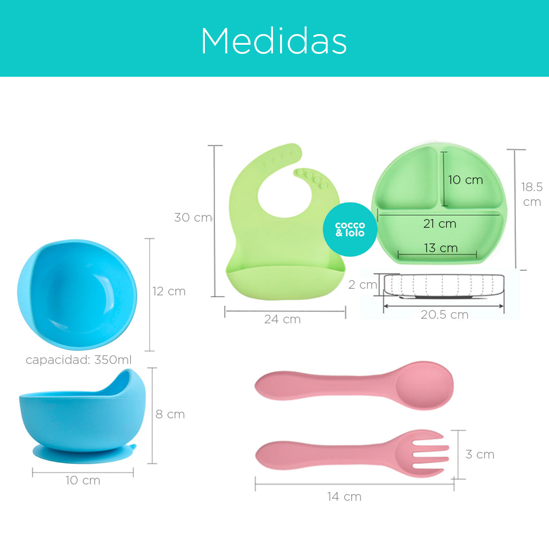 Kit de vajilla en silicona libre de PVC, BPA y látex, antideslizante con babero ajustable