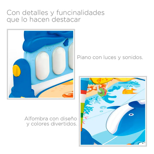 Gimnasio didáctico para bebé con piano y móviles en diseño de océano