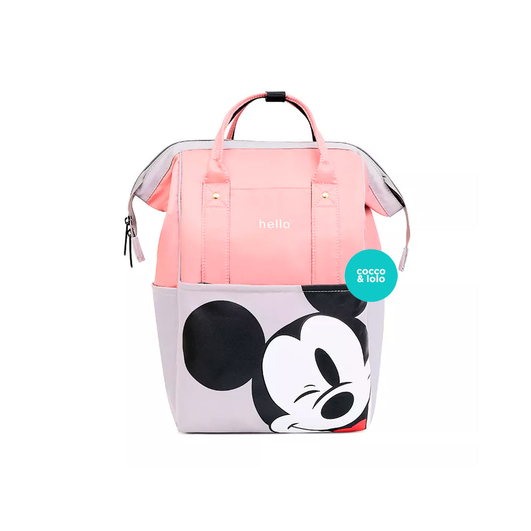 Pañalera tipo morral, con cargaderas ajustables y diseño de Mickey Mouse Gris/Salmón