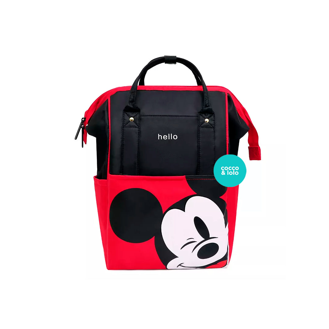 Pañalera tipo morral, con cargaderas ajustables y diseño de Mickey Mouse Rojo