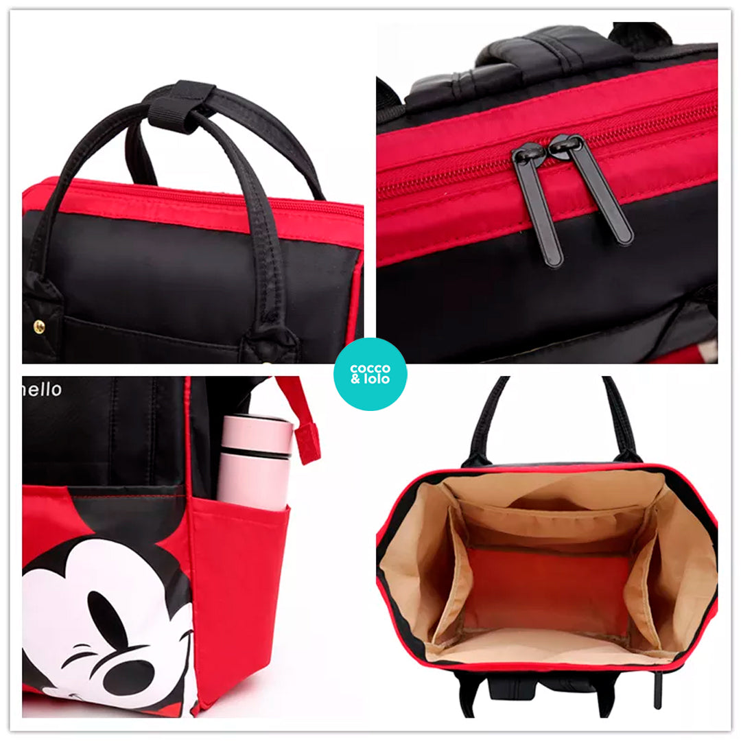 Pañalera tipo morral, con cargaderas ajustables y diseño de Mickey Mouse