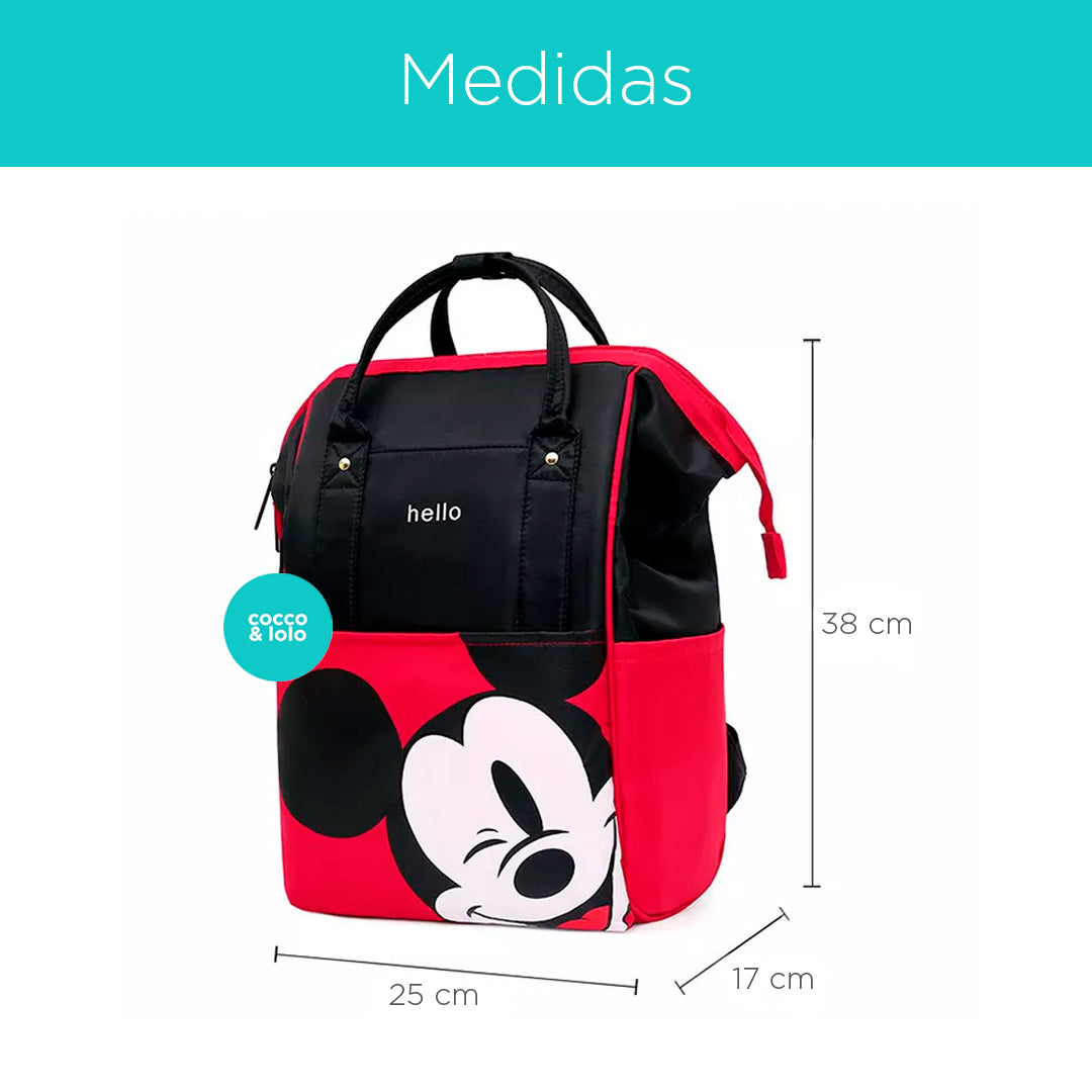 Pañalera tipo morral, con cargaderas ajustables y diseño de Mickey Mouse