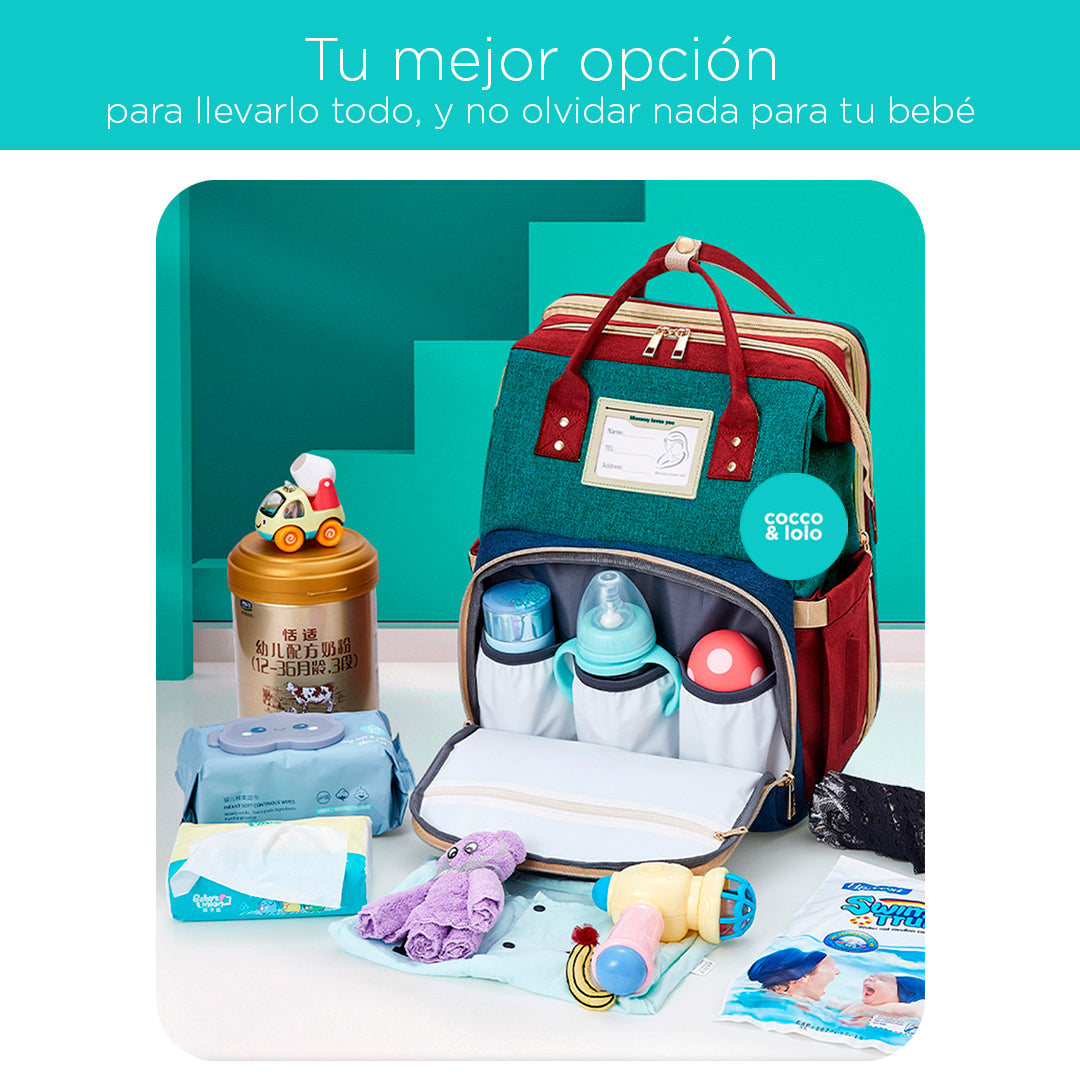 Pañalera para bebé tipo morral con cambiador plegable y soporte para coche