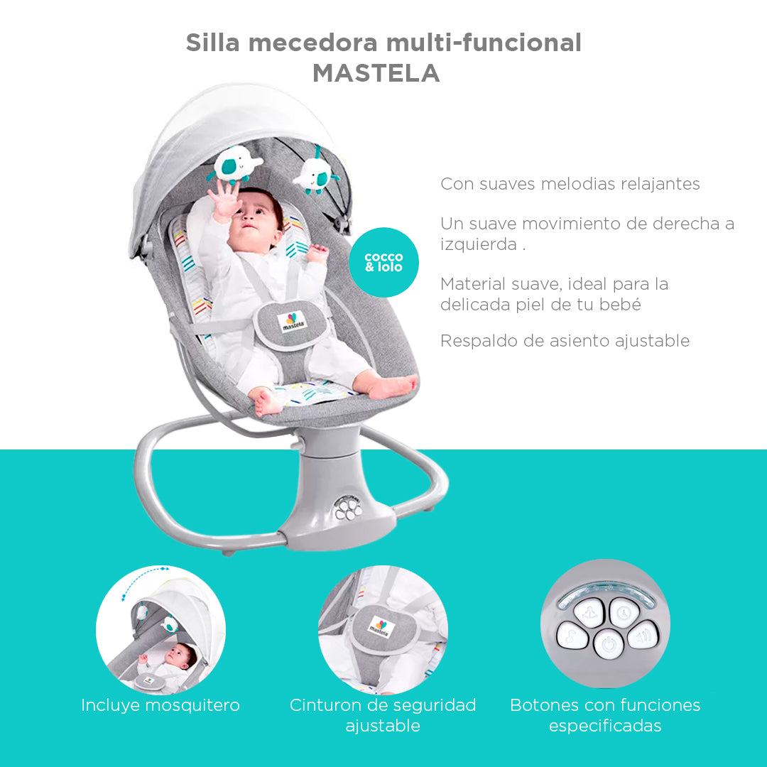 Silla mecedora eléctrica con velocidaddes, temporizador, mosquitero, música y móviles - Mastela