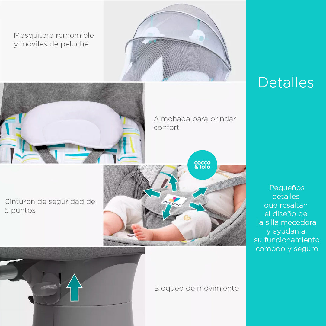 Silla mecedora eléctrica con velocidaddes, temporizador, mosquitero, música y móviles - Mastela