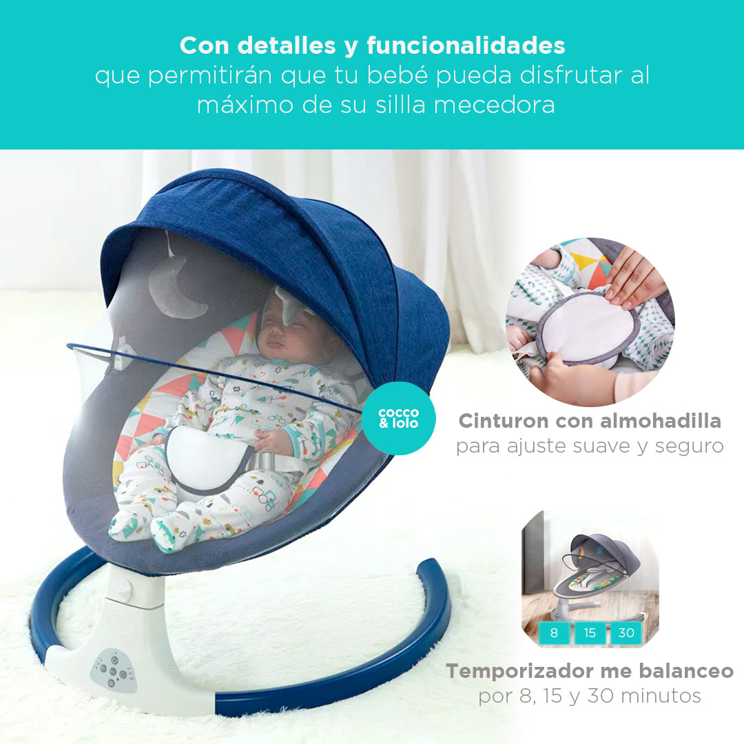 Silla Mecedora Eléctrica con Techo Removible Mosquitera 5 Amplitudes y 3  Funciones Temporizador para Bebés 0-6 Meses 71 x 64 x 70 cm